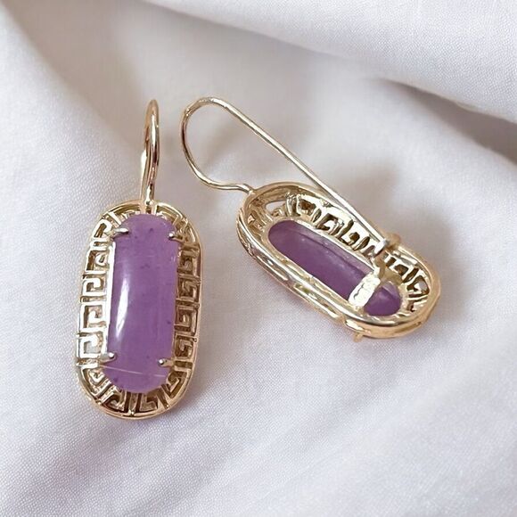 Elegant Sterling Silver Lavender Jade Greek Key Design Dangle Earrings